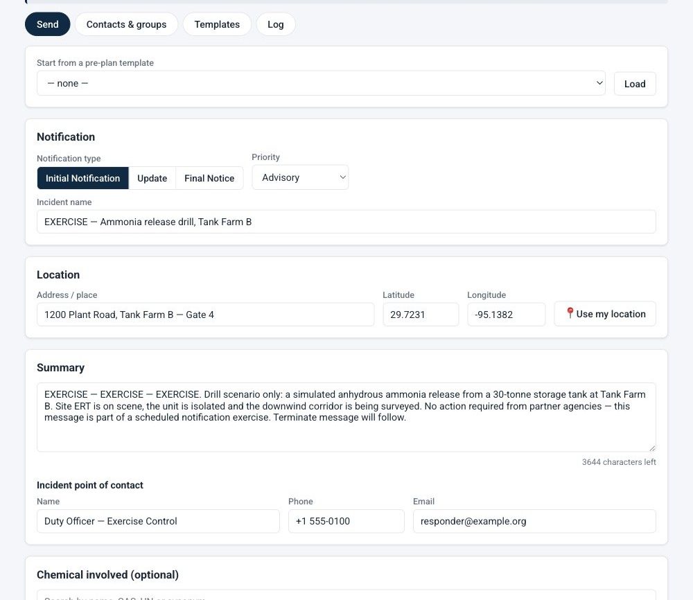 Das Tool zur Ereignisbenachrichtigung mit einer Übungsmeldung zu einem Ammoniakaustritt: Art der Meldung, Priorität, Ort, Zusammenfassung und Ansprechpartner