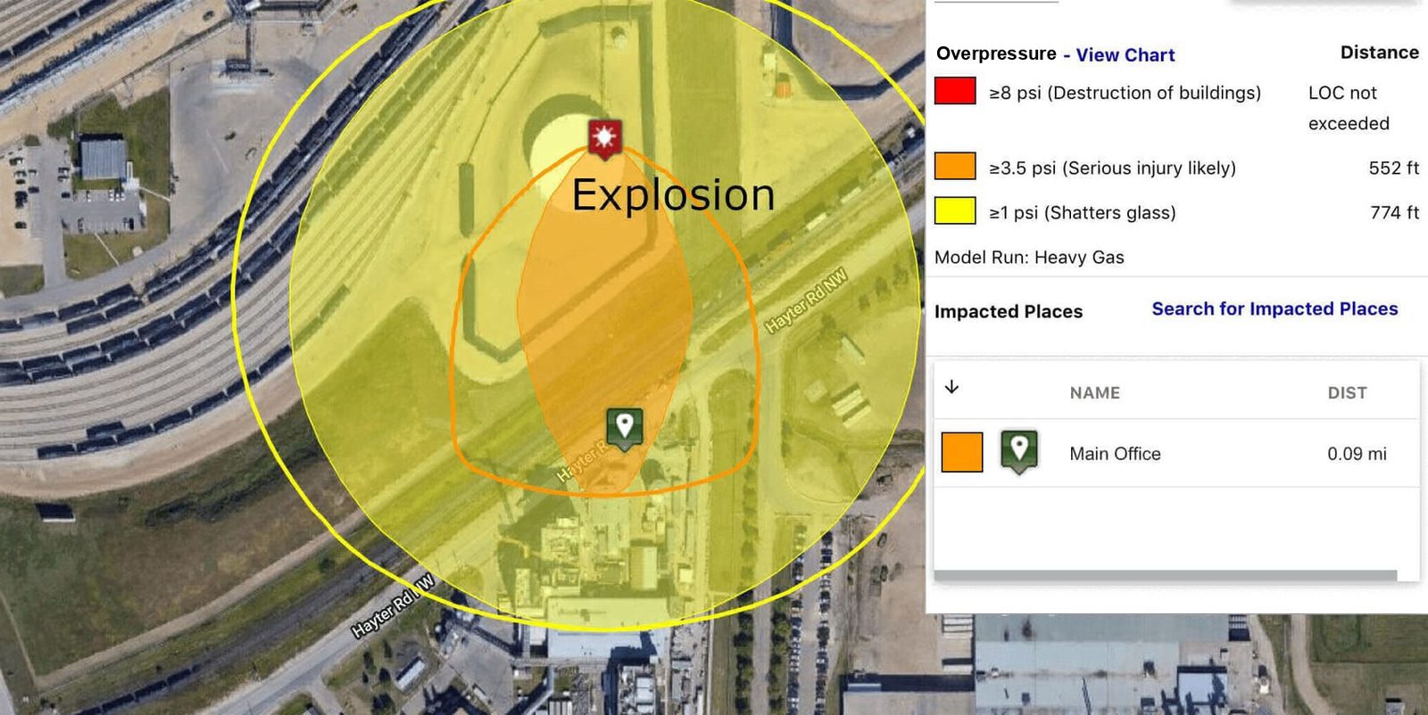 Überdruckzonen einer Gaswolkenexplosion bei 3,5 und 1 psi um einen Freisetzungsort neben einem Rangierbahnhof