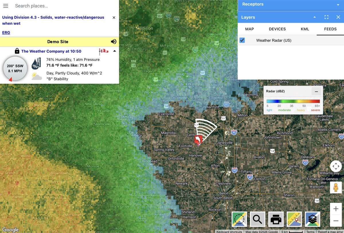 Das Wetterradar auf der Werkskarte mit dem Bereich für das Live-Wetter