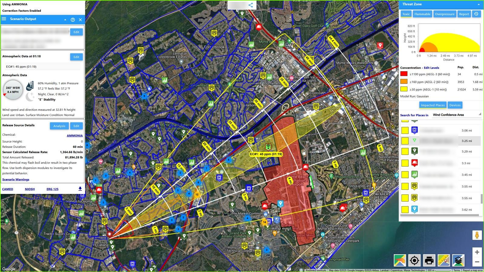 A sensor-driven ammonia scenario over a coastal city: red, orange and yellow zones, the population inside each, wind-confidence lines and the impacted places