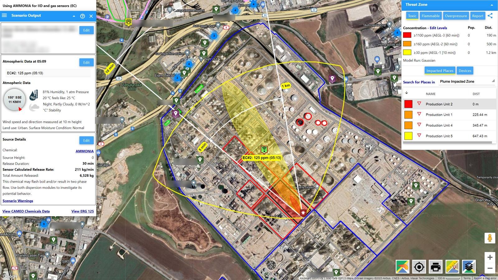 A sensor-driven ammonia scenario inside a refinery: the plume from a live detector reading, the production units inside each zone and the site perimeter