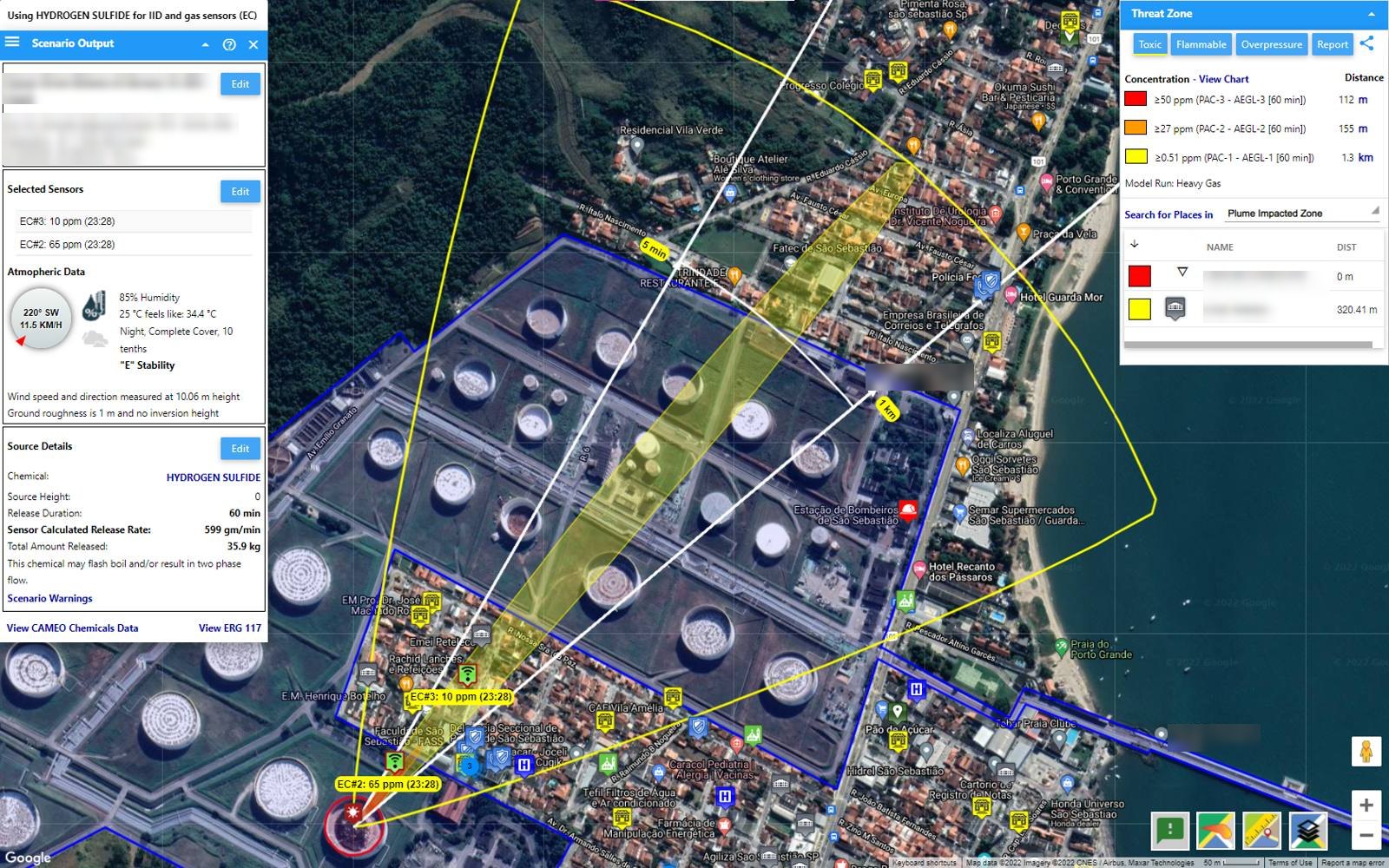 A hydrogen sulfide scenario from two detectors at a tank terminal with the plume drawn downwind