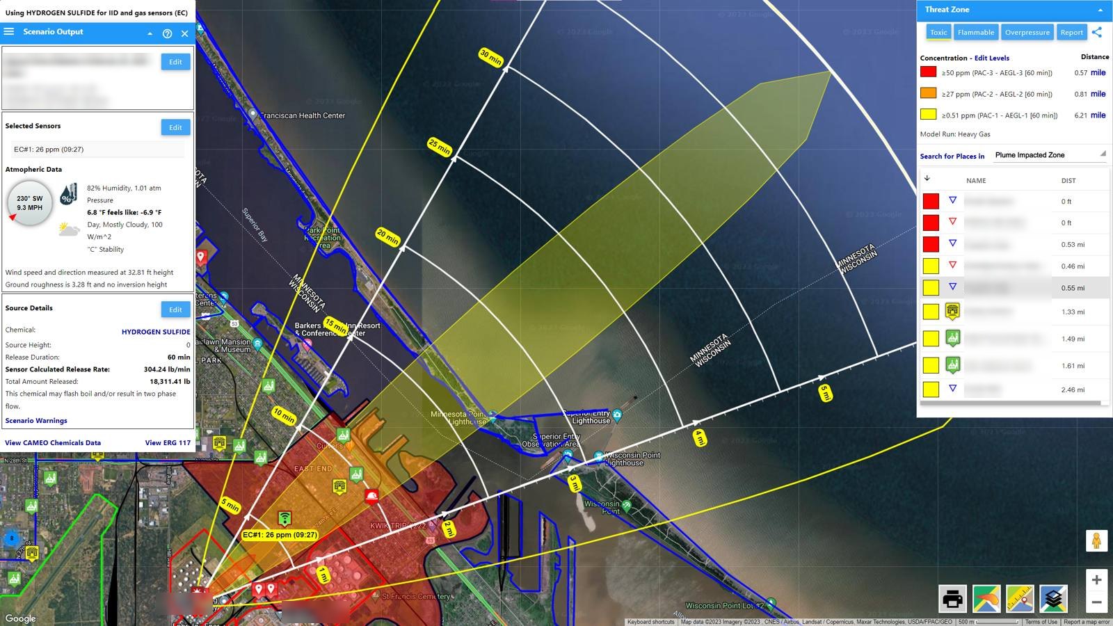 A hydrogen sulfide scenario on a harbor: zones, wind-confidence lines and the downwind time cone over the water