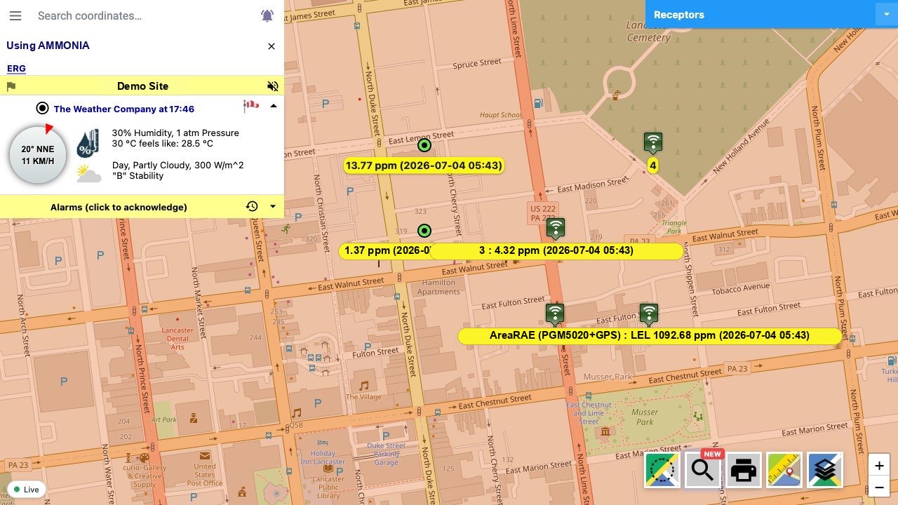 Area monitors and fixed detectors on the site map with live readings and the weather panel