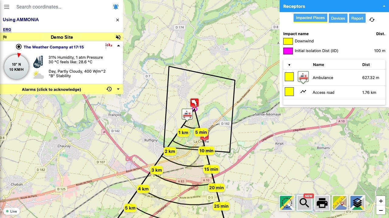 CERES map with an ERG protective-action cone, live weather panel and the impacted receptors list