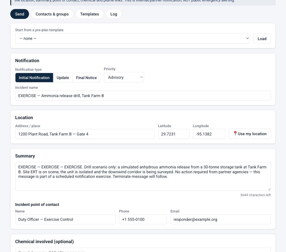 The Incident Notification tool with an exercise ammonia-release message, its location and the point of contact